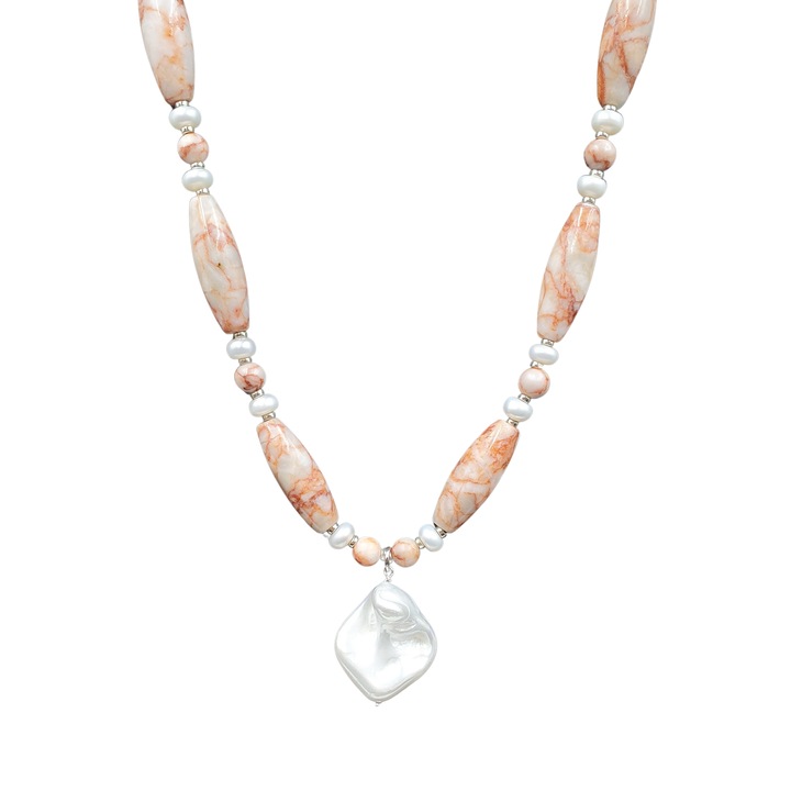 Colier din jasp sesame si perle de cultura discuri cu pandantiv din perla de Mallorca si accesorii din argint rodiat