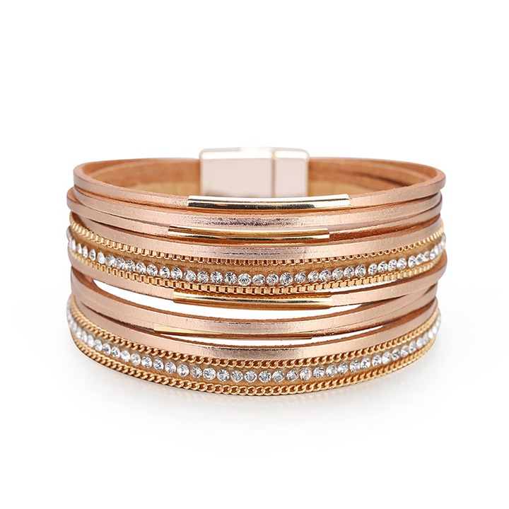 Bratara de dama, din piele naturala, cu strasuri, inchidere magnetica, Roz-Auriu