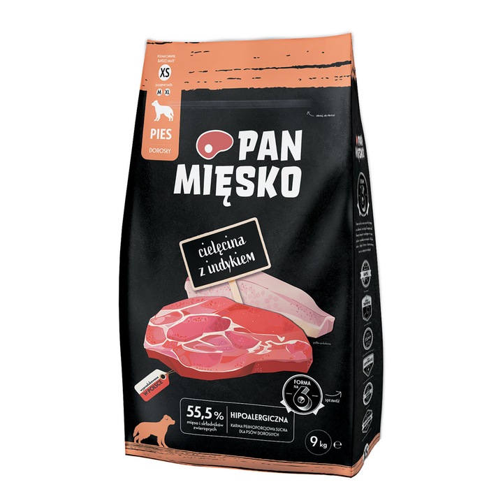 Суха храна за кучета, Pan Miesko, Adult, с вкус на телешко и пуешко, 9 кг, XS