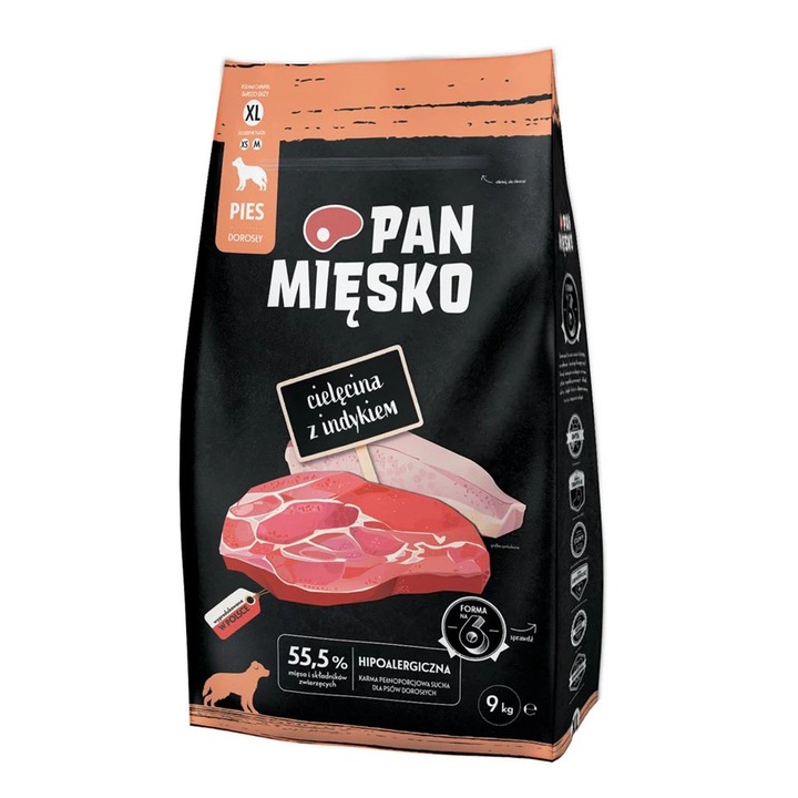 Hrana uscata pentru caini, Pan Miesko, Adult, aroma vitel si curcan, 9kg, XL