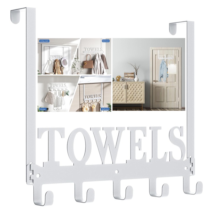 Suport prosoape pentru usa cu 5 carlige, NUODWELL, Doua metode de instalare, Usor de instalat, Pentru baie, bucatarie, dulap, living, dormitor, dormitor, Fier, 38 x 26.3 x 4.5 cm, Alb
