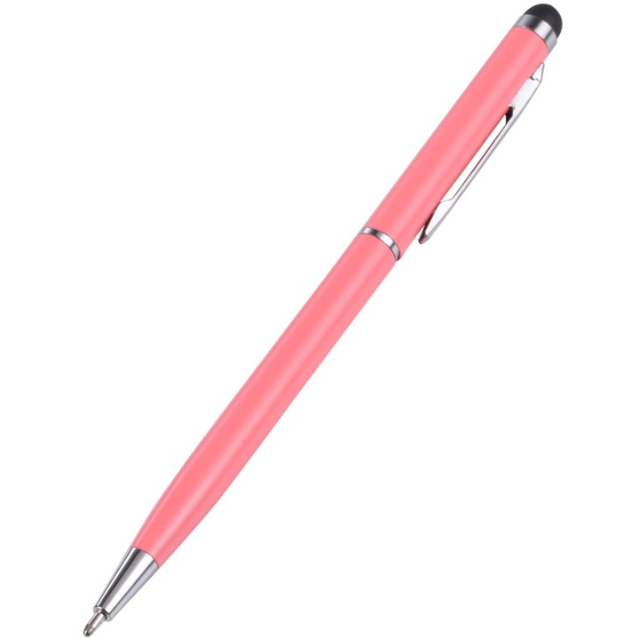 Stylus Pen universal, cu varf de pix si clips, culoare roz