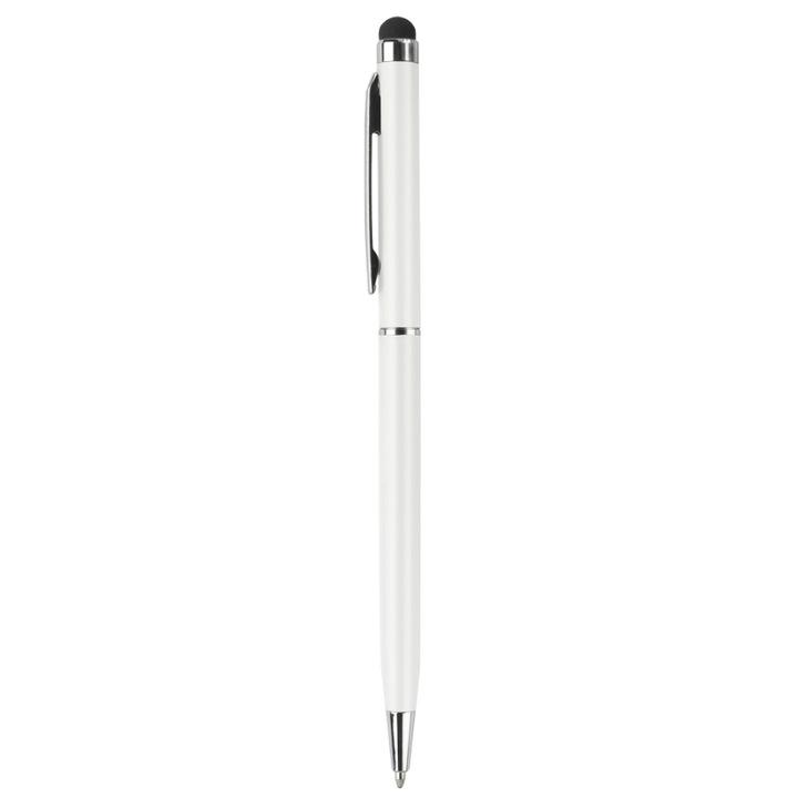 Stylus Pen universal, cu varf de pix si clips, culoare alba