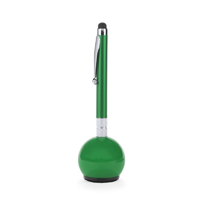 Stylus Pen universal, cu varf de pix, clips si suport pentru birou, culoare verde