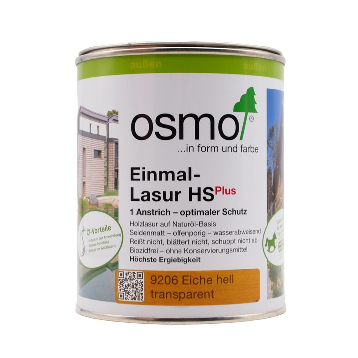 Lazura pentru exterior, Osmo, One Coat Only HS Plus, aplicare intr-un singur strat, culoare stejar deschis, semi-mat, 0,75 L