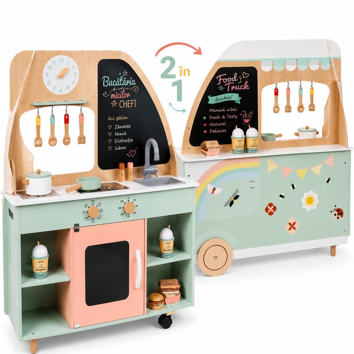 Set de Joaca pentru Copii din Lemn 2in1, Bucatarie si Food Truck, KinderVibe™, Dubla Functionalitate, Echipat cu Accesorii Realiste pentru Gatit si pentru Vanzare, 100 CM Inaltime