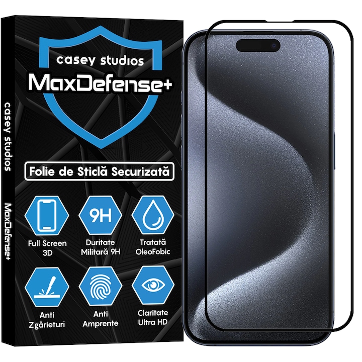 Folie Sticla CASEY STUDIOS™ pentru iPhone 15 Pro, Full Glue, Duritate Militara, Ultra HD, Protectie Profesionala Ecran 3D, Anti Zgarieturi, Anti Socuri, Margini Negre