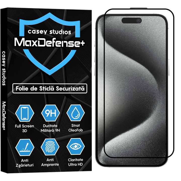 Folie Sticla CASEY STUDIOS™ compatibila cu iPhone 15 Pro Max, Full Cover 3D, Full Glue, Duritate Militara, Ultra HD, Protectie Profesionala Ecran 3D, Anti Zgarieturi, Anti Socuri, Margini Negre