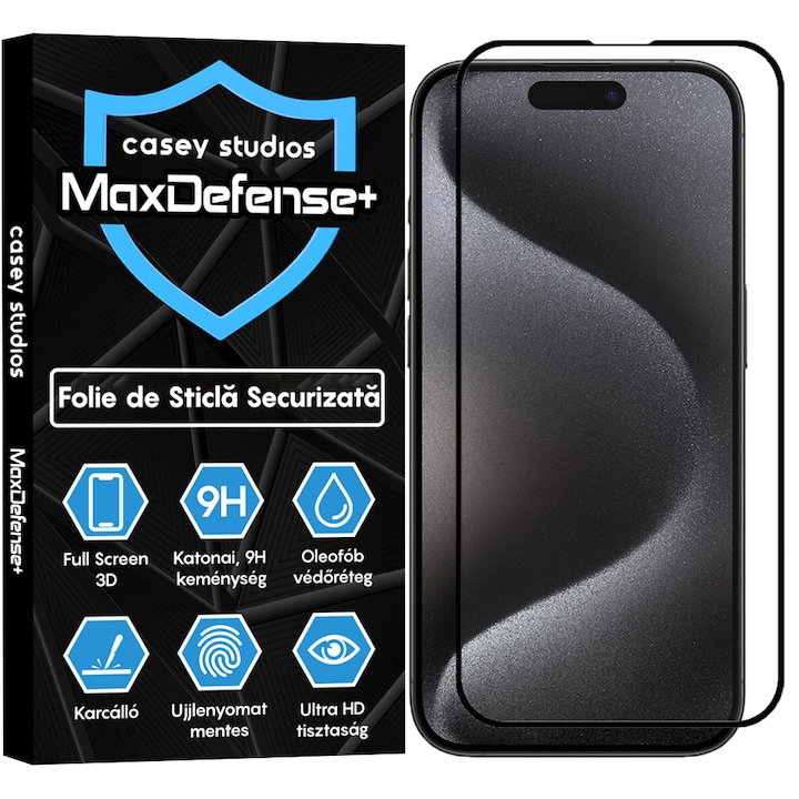 Folie Sticla CASEY STUDIOS™ pentru iPhone 15 Pro Max, Full Glue, Duritate Militara, Ultra HD, Protectie Profesionala Ecran 3D, Anti Zgarieturi, Anti Socuri, Margini Negre