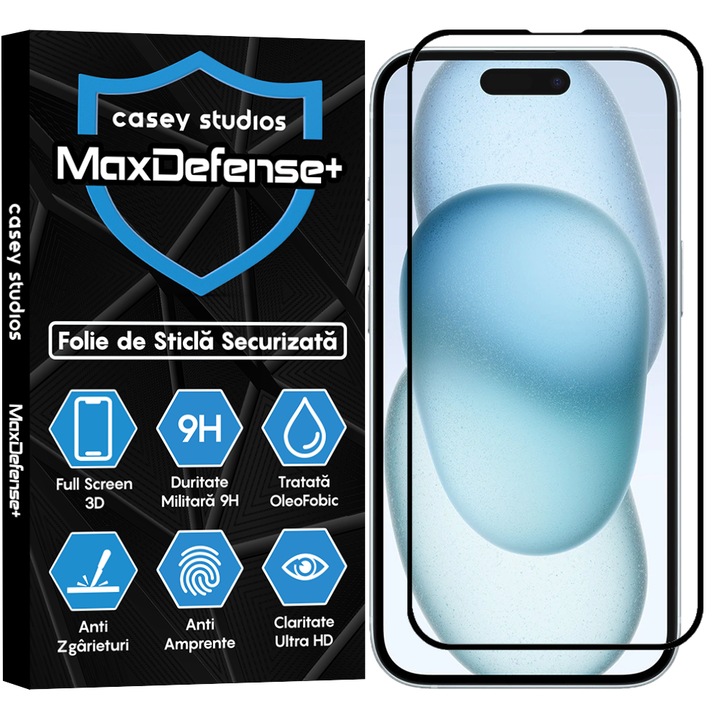 Folie Sticla CASEY STUDIOS™ pentru iPhone 15 Plus, Full Glue, Duritate Militara, Ultra HD, Protectie Profesionala Ecran 3D, Anti Zgarieturi, Anti Socuri, Margini Negre