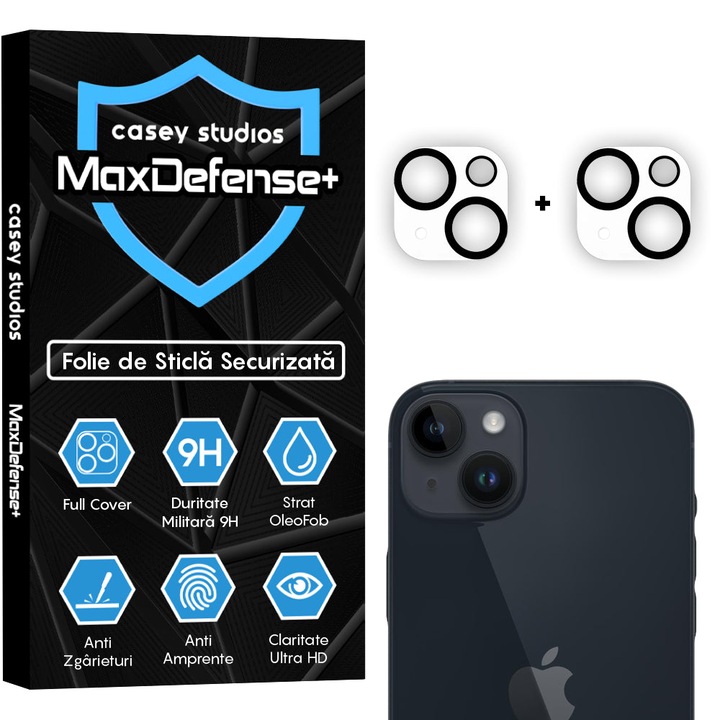 Set 2x Folie Sticla Camera compatibil cu iPhone 15 / 15 Plus, CASEY STUDIOS™ MaxDefense+, Protectie Securizata, Duritate 9H, Full Cover, Anti Zgarieturi, Ultra HD, Protectie Profesionala Camere 3D, Anti Zgarieturi, Anti Socuri