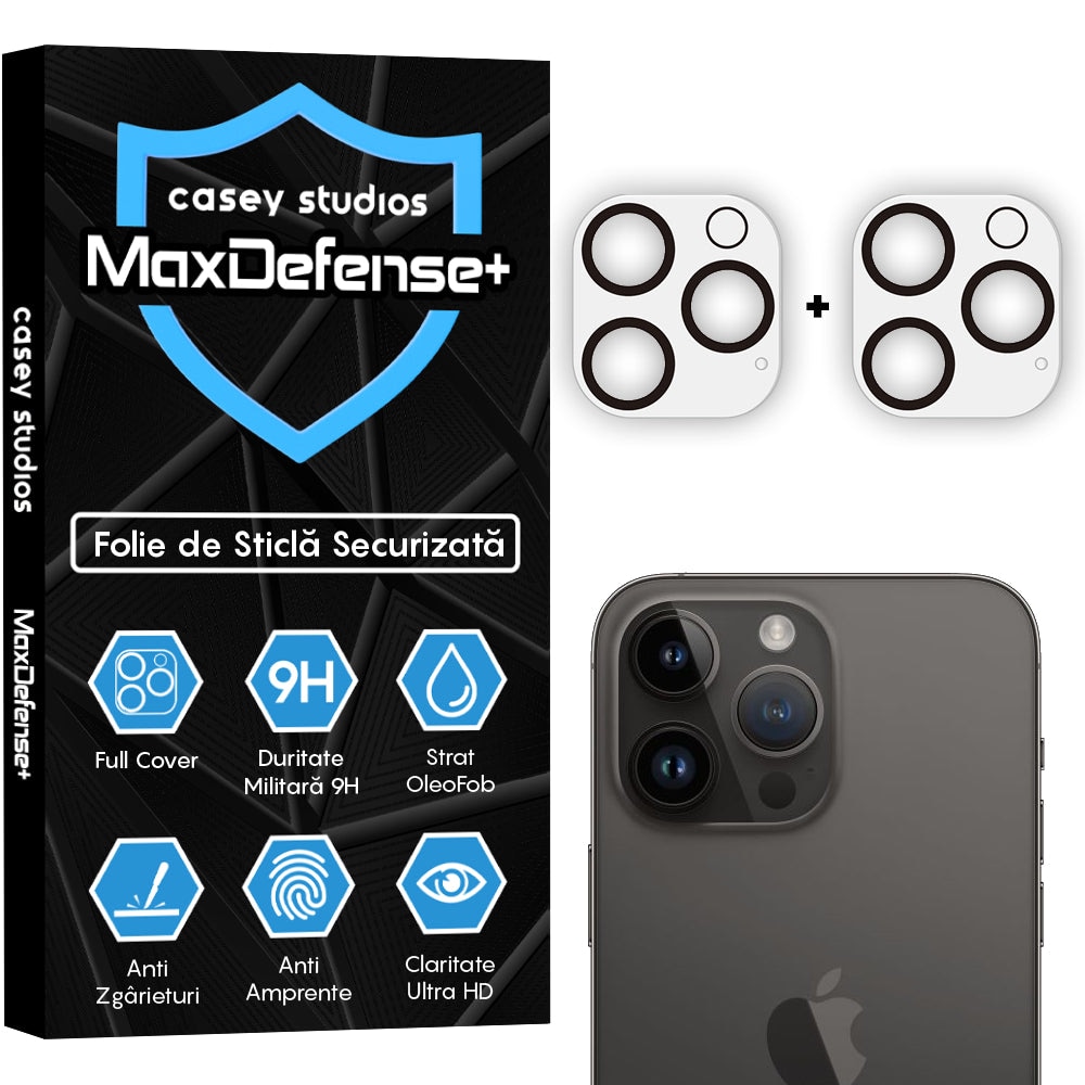 Set 2x Folie Sticla Camera compatibil cu iPhone 15 Pro Max / 15 Pro, CASEY STUDIOS™ MaxDefense+, Protectie Securizata, Duritate 9H, Full Cover, Anti Zgarieturi, Ultra HD, Protectie Profesionala Camere 3D, Anti Zgarieturi, Anti Socuri