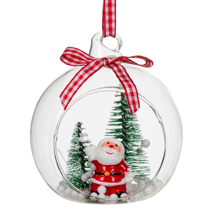 Ornament Brad de Craciun Shopiens®, model Glob de Sticla Transparent cu Mos Craciun Brazi, 8 cm
