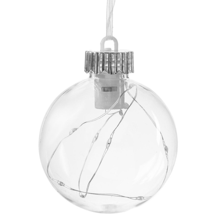Ornament Brad de Craciun Shopiens®, model Glob Transparent cu LED din plastic, 8 cm