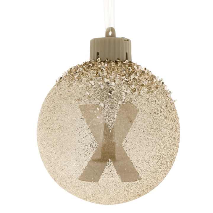 Ornament Brad de Craciun Shopiens®, model Glob Monograma ”X” Bej Sampanie cu Glitter si LED, 10 cm