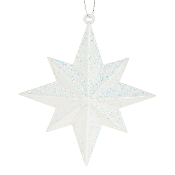 Ornament de Craciun Shopiens® pentru brad, din plastic, Stea 3D Alba cu Glitter, 10 cm
