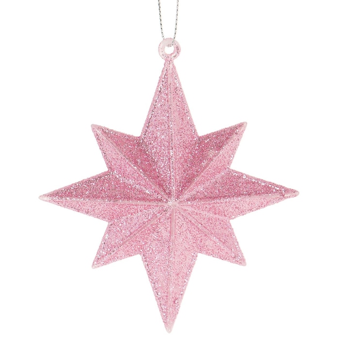 Ornament de Craciun Shopiens® pentru brad, din plastic, Stea 3D Roz cu Glitter, 10 cm