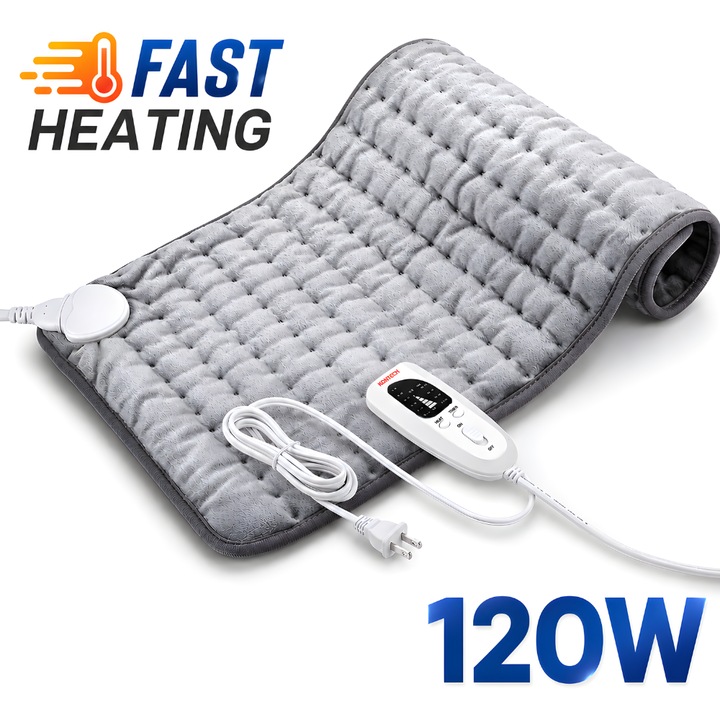 Patura Electrica tip Pad Incalzire Horigen® Heaty PRO, 120W, Umed - Uscat, 6 Nivele Temperatura, Timmer, Auto Shut-OFF, 40 x 76 cm, Pentru Mijloc, Umeri, Picoare, Maini, Gat, Gri