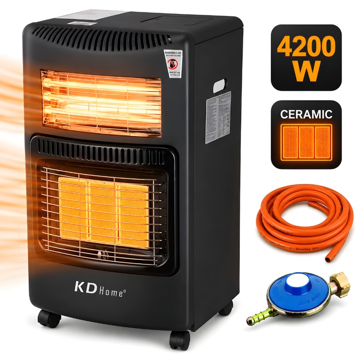 Soba Pe Gaz GPL ( Butelie ) si Electrica KD Home® King Heater, 4200 W, Ceramica, Termostat 3 Viteze, Aprindere Piezo-Electrica, Electric 3 Trepte, Roti, Protectie pentru Copii, Protectie Inclinare, Kit Ceas si Furtun Inclus, Negru