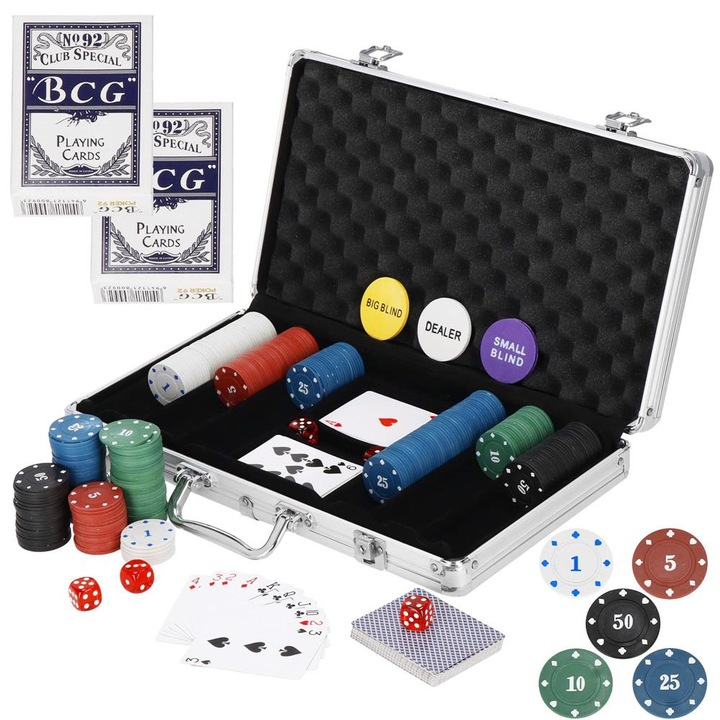 Покер комплект с 300 чипа, 2 комплекта карти, 5 зара, в алуминиев куфар