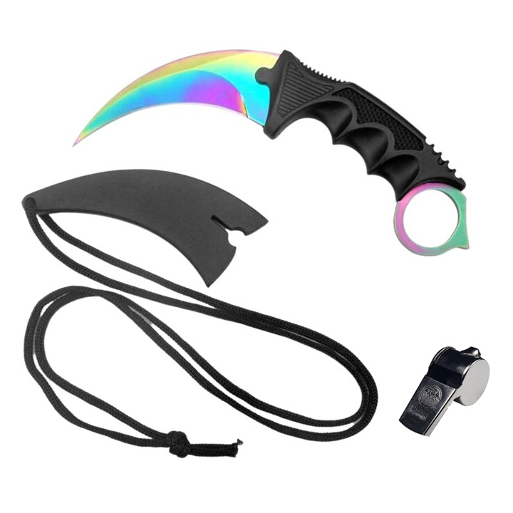 Cutit tip karambit Depox, Fade Counter, cu teaca si snur, fluier salvare