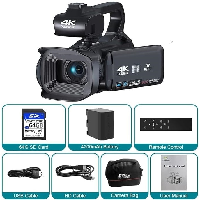 Видеокамера MOSMAOO®, 4K Ultra HD, 4.0", 64MP, 18 x увеличение, 64GB SD ...