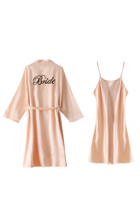 Camasa de noapte pentru nunta, lunga pentru femei, de primavara si vara, din satin, brodata, marimea M, Bej AleFla Eshop