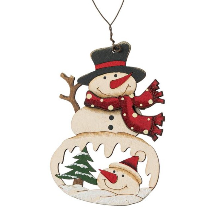 Ornament pentru brad de Craciun Shopiens® din lemn, Figurina Vintage Om de Zapada cu Fular Rosu, 8.5 cm