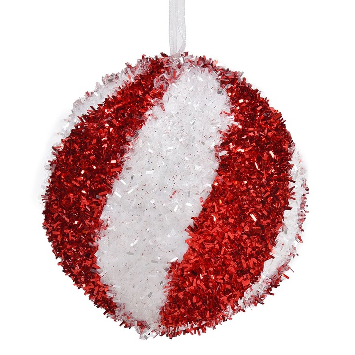 Ornament de Craciun Shopiens® din spuma, Glob Rosu Dungi Albe Candy, 10 cm