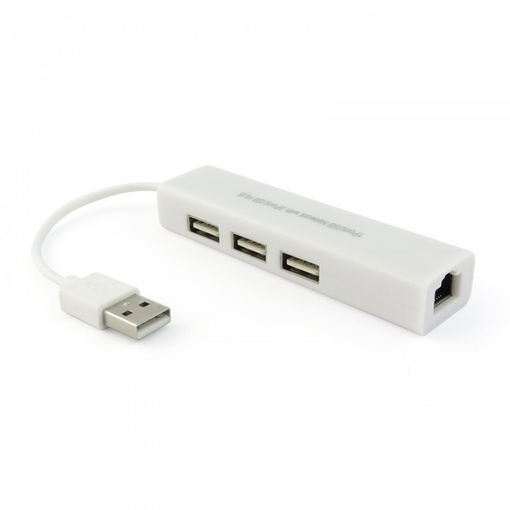 USB хъб No Brand, USB 2.0 + Мрежов адаптер, 3 Порта, Бял