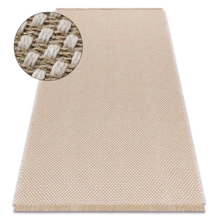 Covor jute 3731 crema / bej - iuta, DYWANY ŁUSZCZÓW tesut plat, franjuri, 200x290 cm