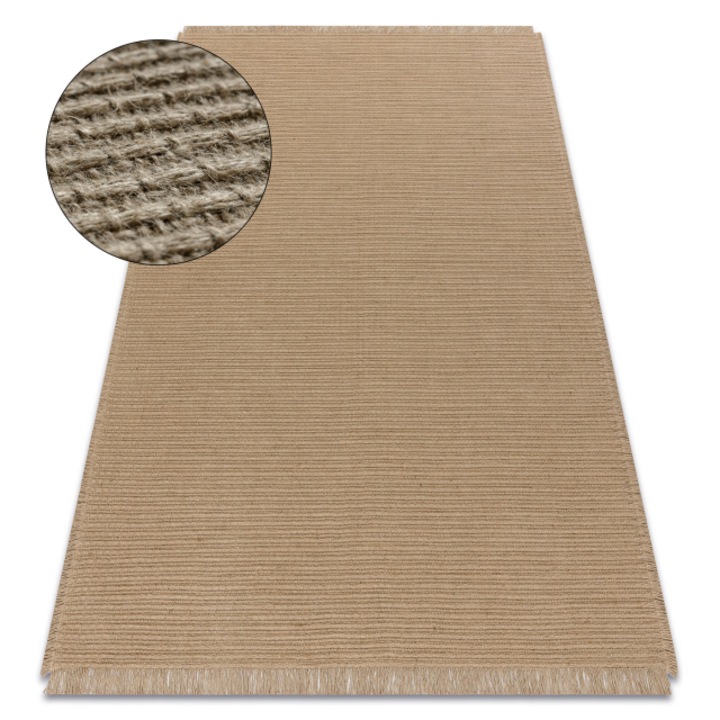 Covor jute 3651 bej inchis culoare - iuta, DYWANY ŁUSZCZÓW tesut plat, franjuri, 200x290 cm