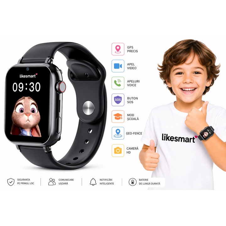 Ceas SmartWatch GPS Copii LikeSmart™​​​​​​​ KinderCare 38, Monitorizare GPS, WIFI, 1.85", Camera HD, Apel Video, Buton SOS, Mod Scoala, GeoFence, Monitorizare Spion, Black