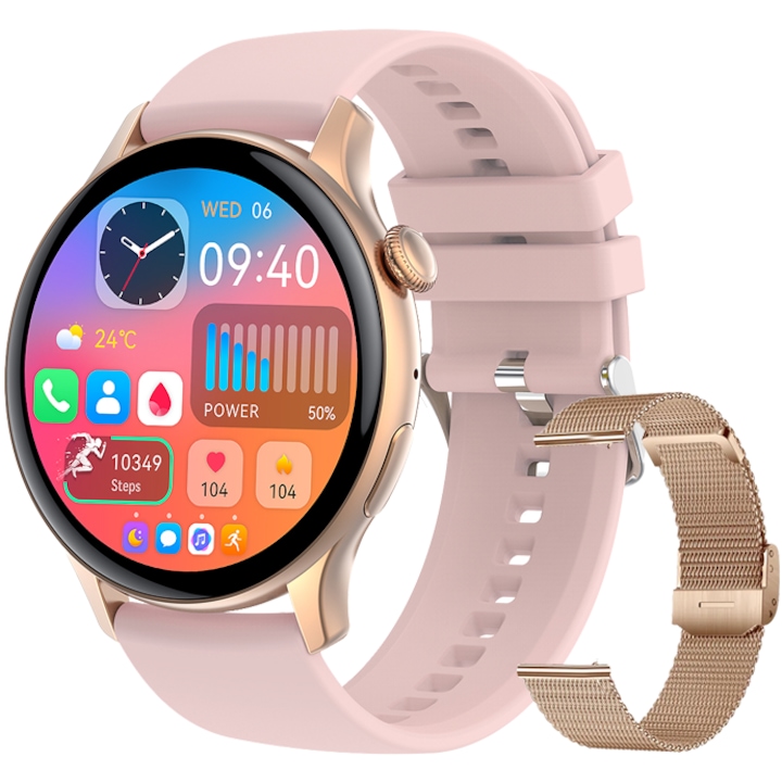 Ceas SmartWatch SOLTOY™ Honey, Ecran AMOLED HD 1.43", Notificari Retele Sociale, Apeluri direct de pe ceas, Difuzor si Microfon incorporat, Monitorizare Ritm Cardiac si Tensiune Arteriala, Oximetru SpO2, Curea Metalica si de Silicon Rose Gold