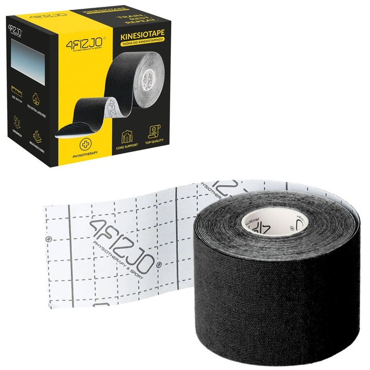 Kineziológiai szalag, Kinesio tape, 4FIZJO, vízálló, Latexmentes, 5 cm x 5 m, sportolók használják kineziológiai helyreállításra, Fekete
