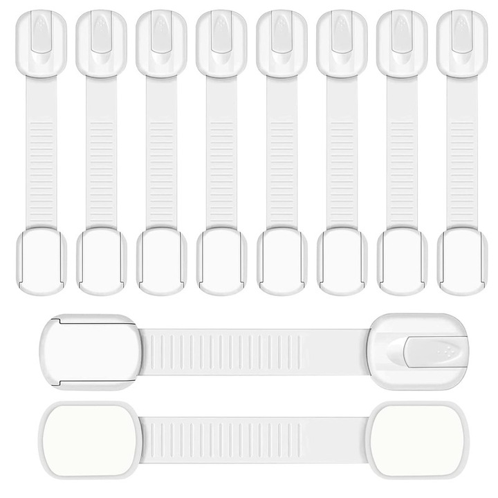 Set 10 sigurante usi copii, ajustabile pe lungime, blocator sertare, usa cuptor, frigider, congelator, dulap, adeziv puternic 3m, fara urme dupa indepartare, sistem de inchidere dublu, Alb