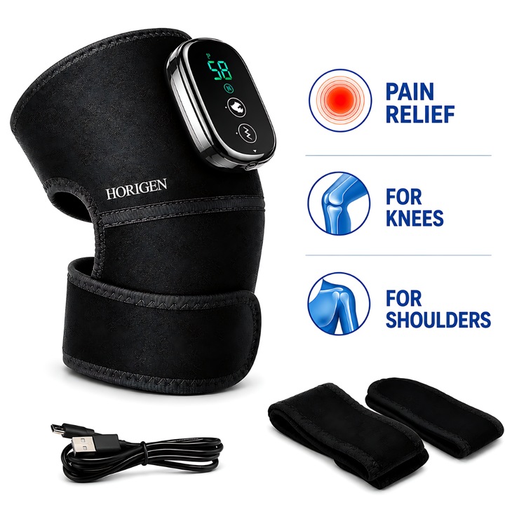 Aparat Pentru Masaj Genunchi si Umeri Horigen® Knee Master, Dureri Genunchi si Umar, Incalzire Si Vibratii, 3 Nivele Temperatura, Display LCD, Acumulator 5000 mAh, Negru
