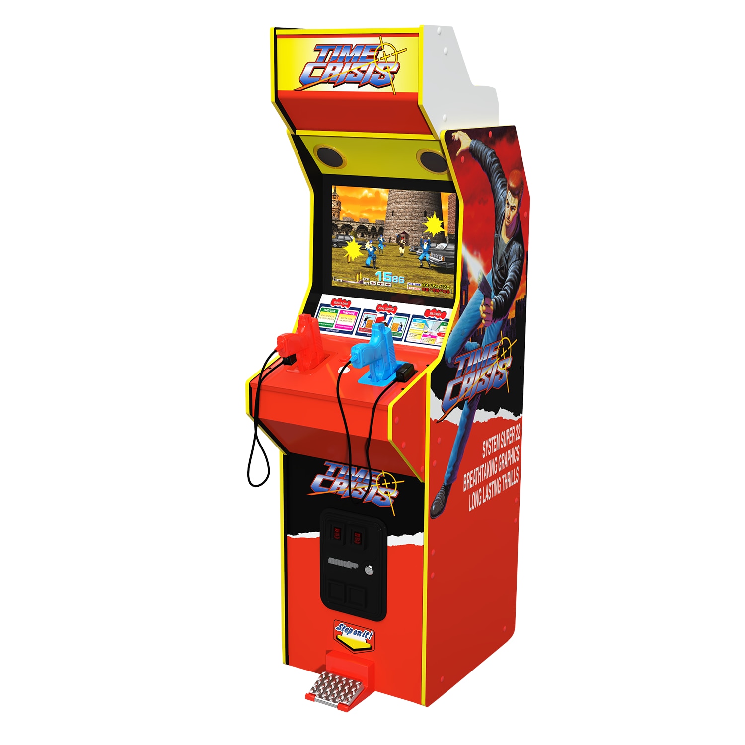 Consola verticala 4 jocuri ARCADE1UP, Time Crisis Deluxe, H 179 cm, 2 shooters, Wi-Fi leaderboards, iluminare Marquee, grafica originala, display color 17 inch, difuzor extern, multicolor