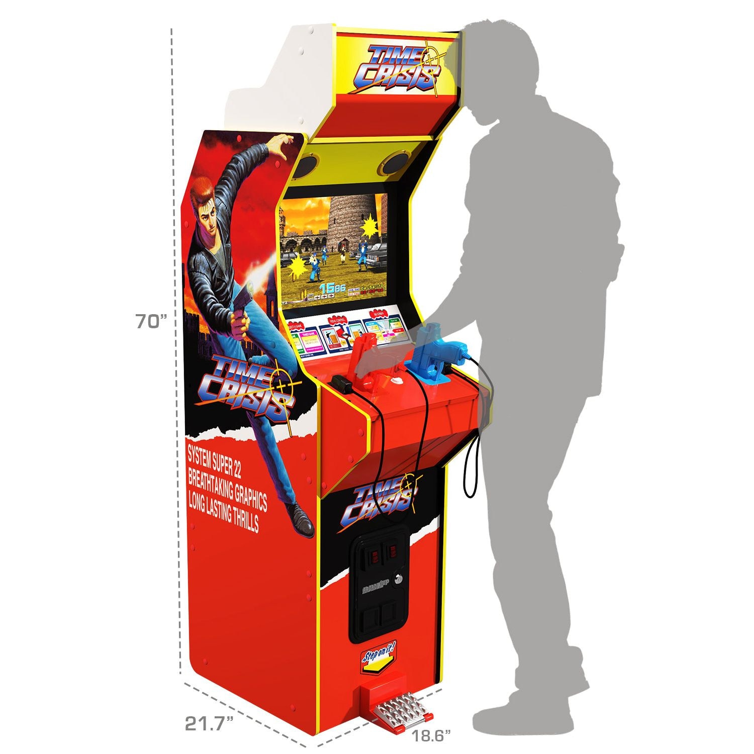 Consola verticala 4 jocuri ARCADE1UP, Time Crisis Deluxe, H 179 cm, 2 shooters, Wi-Fi leaderboards, iluminare Marquee, grafica originala, display color 17 inch, difuzor extern, multicolor