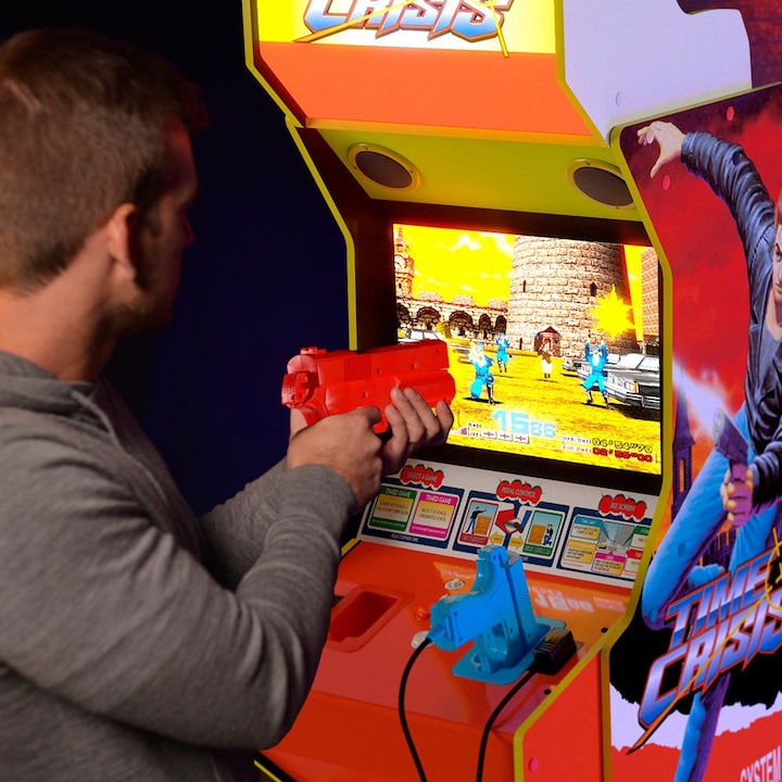 Вертикална конзола 4 игри ARCADE1UP, Time Crisis Deluxe, H 179 cm, 2 шутъра, Wi-Fi класации, Marquee осветление, оригинална графика, 17 инчов цветен дисплей, външен високоговорител, многоцветен