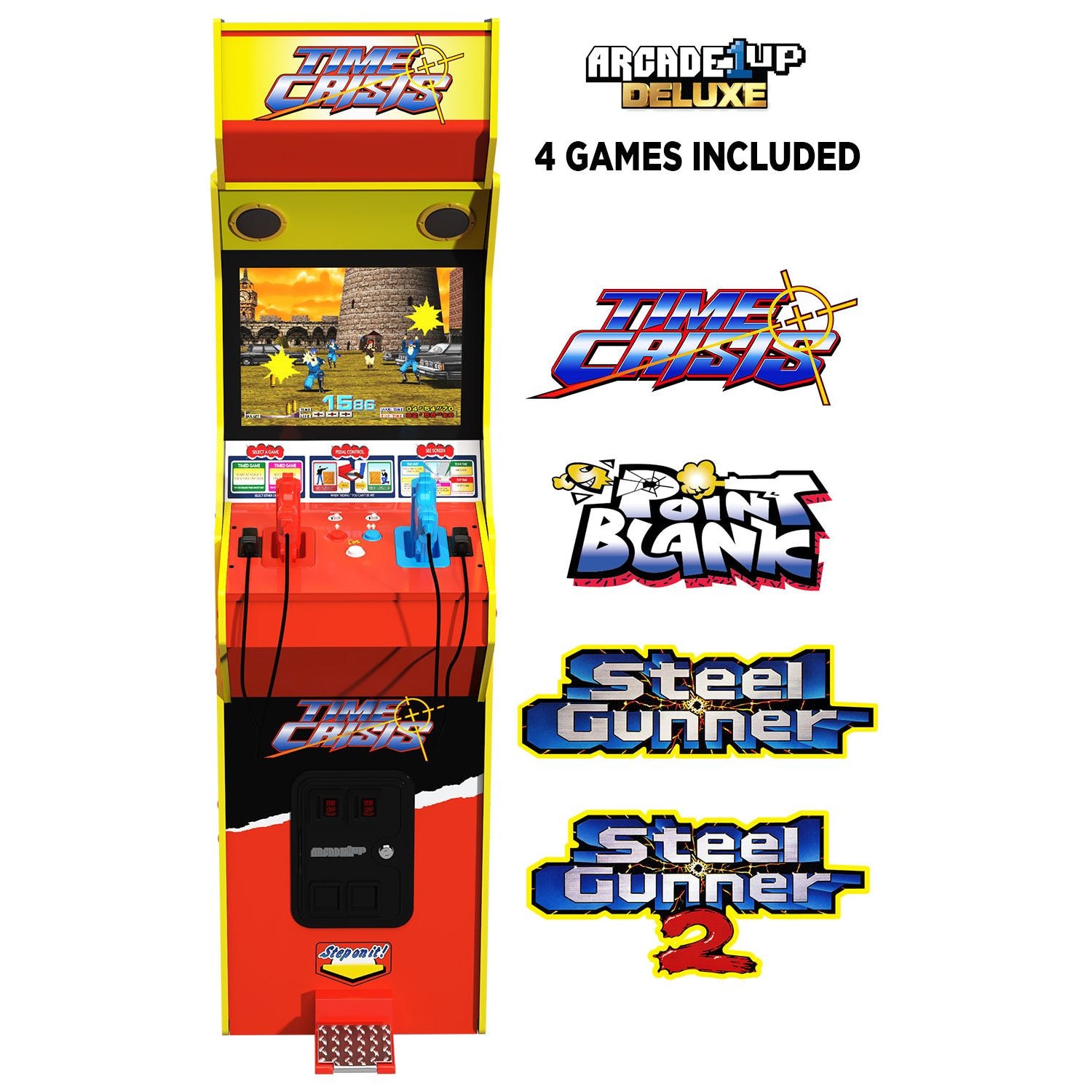 Consola verticala 4 jocuri ARCADE1UP, Time Crisis Deluxe, H 179 cm, 2 shooters, Wi-Fi leaderboards, iluminare Marquee, grafica originala, display color 17 inch, difuzor extern, multicolor