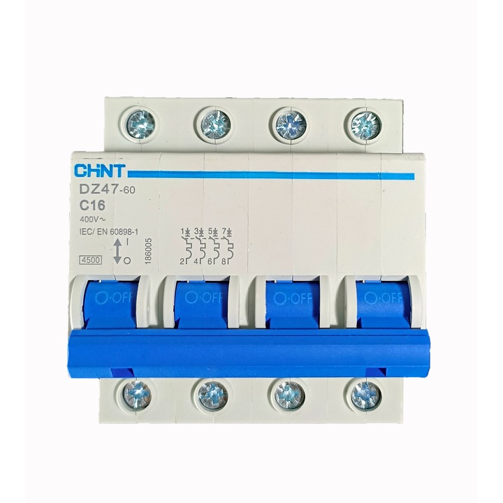 Siguranta tetrapolara automata 4P C 16Amp 4, 5kA CHINT, Seria DZ47 Mini Circuit Breaker, curent nominal 16 A, 4 poli, capacitate de rupere 4500A, curba de declansare C