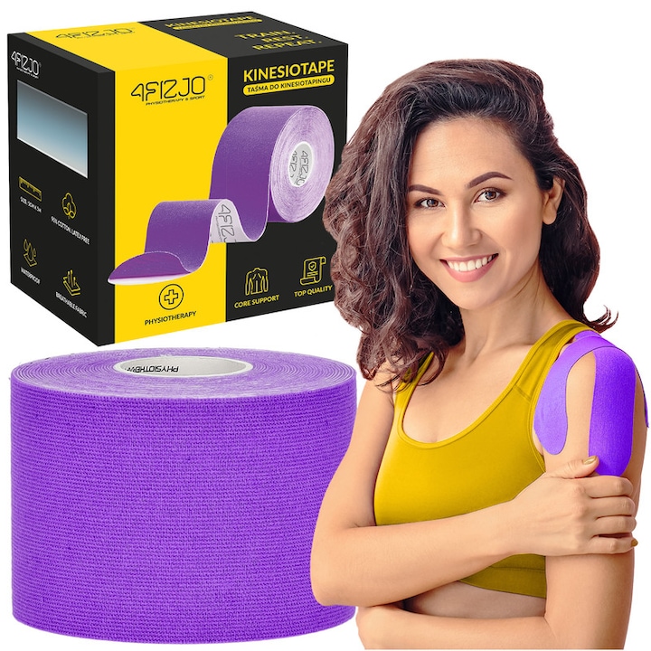 Kinesio Tape, Banda Kinesiologica, impermeabila pentru ameliorarea durerii, fara Latex, 5cm x 5m, folosita de atleti, sportivi pentru recuperari kinesiologice, Violet