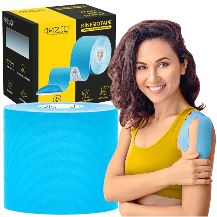 Banda Kinesiologica, Kinesio Tape, pretaiata, impermeabila pentru ameliorarea durerii, 4FIZJO, 7.5cm x 5m, folosita de atleti, sportivi pentru recuperari kinesiologice, Albastru