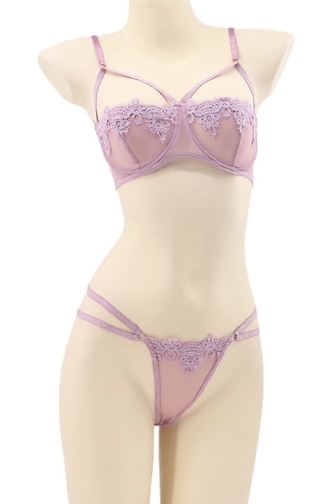 Set lenjerie sexy transparenta, cu dantela, sutien si chiloti tanga TY-LX2roz 94140, Roz, S-M