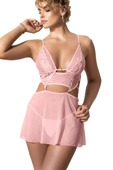 Set lenjerie sexy, rochita transparenta cu dantela si chiloti tanga TY-S566rosu 94153, Roz inchis, One Size