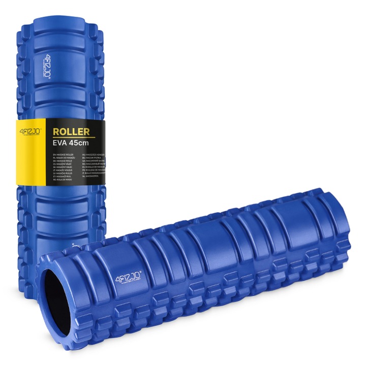Rola de masaj cu file, 4FIZJO, duritate excelenta, dispozitiv universal, de eliberare musculara si fasciala, material rezistent la apa si durabil, pentru incepatori si avansati, fitness, gimnastica, yoga, 45 x 15 cm, Spuma EVA, Albastru