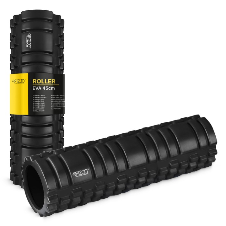 Rola pentru masaj cu denivelari, 4FIZJO, material durabil si sigur, rezistent la deformare si usor de curatat, relaxarea muschilor tensionati, greutate redusa, pentru incepatori si avansati, fitness, gimnastica, yoga, 45 x 15 cm, Spuma EVA, Negru