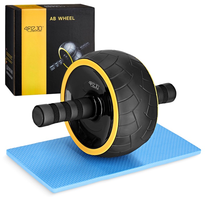 Roata pentru abdomene, AB Roller XL 4FIZJO, cu sistem de retractare, tonifiere musculatura, Yoga, maner cu protectie plus salteluta, Cauciuc/Otel, Negru/Galben