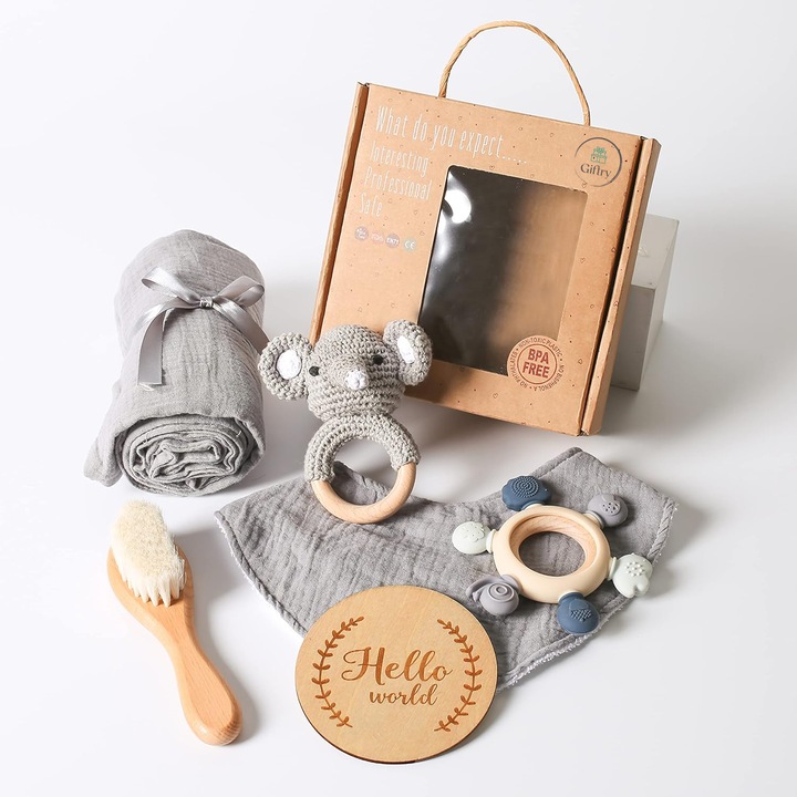 Бебешки комплект Giftry®, подарък за добре дошли за новородено, играчка за плетене на една кука, лигавник, муселин, пръстен за дъвка, четка за коса, зайче, картичка с крайъгълен камък, слонче, сиво